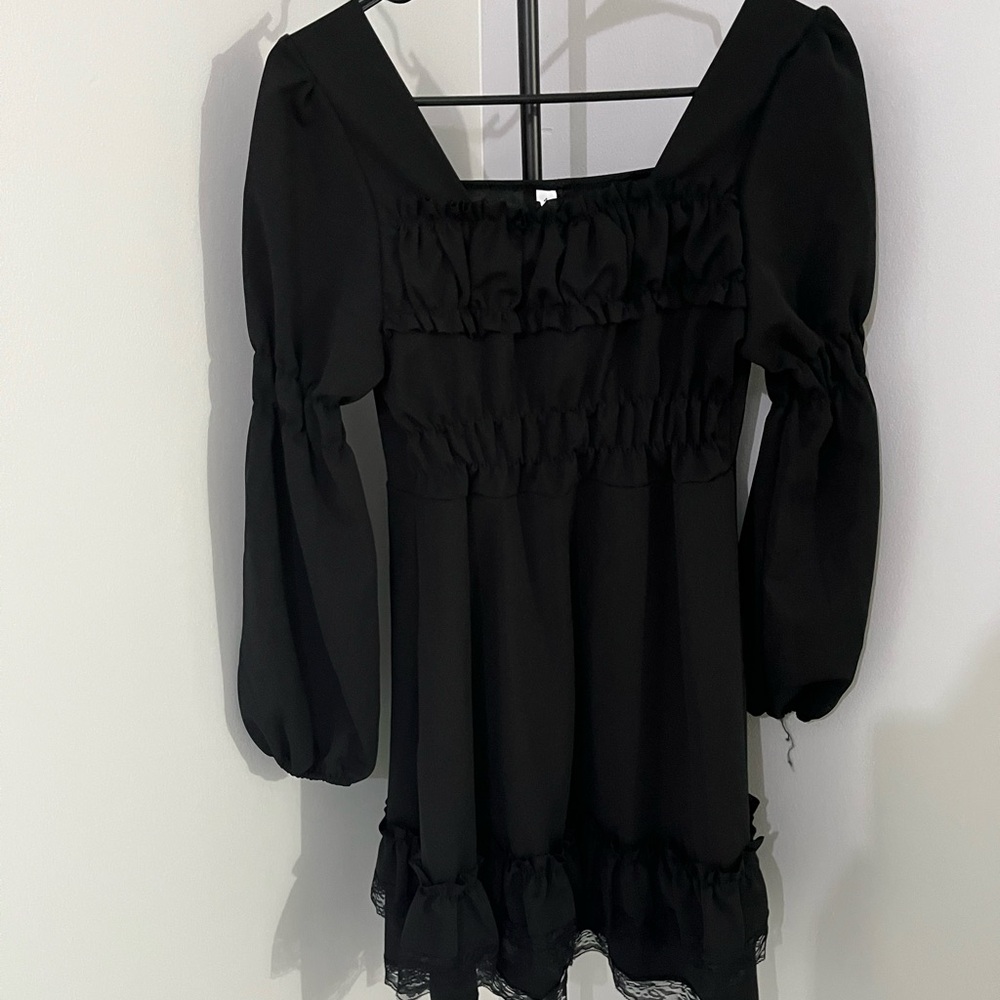 Black Long Sleeve Ruched Fit and Flare Dress